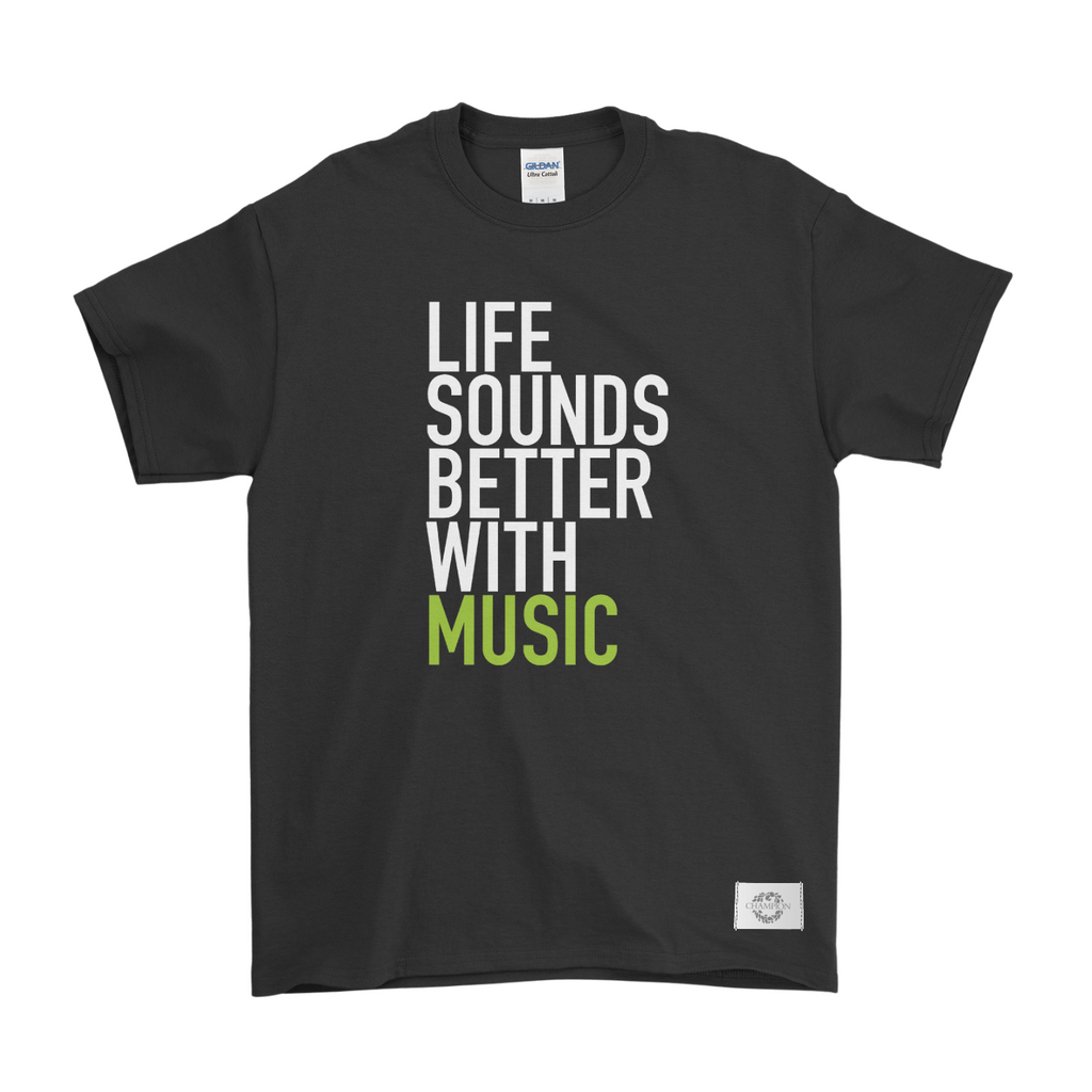 "Life Sounds Better With Music" Slogan Tee - Black
