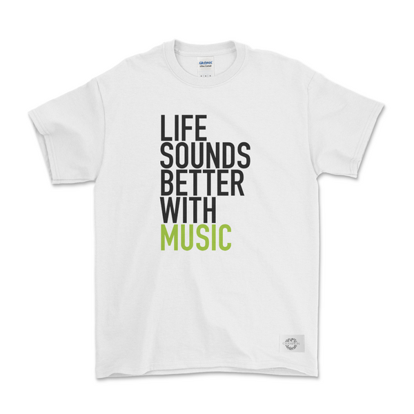 "Life Sounds Better With Music" Slogan Tee - White