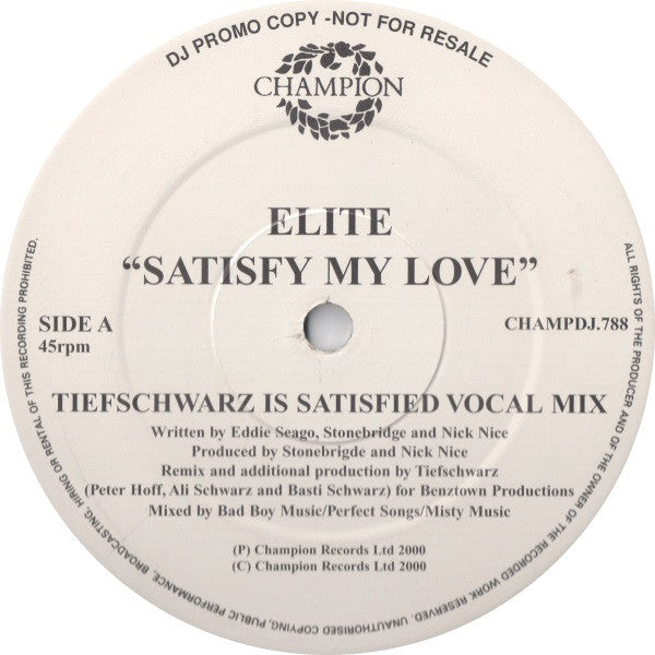 Elite - Satisfy My Love - DJ Promo (12" Vinyl)